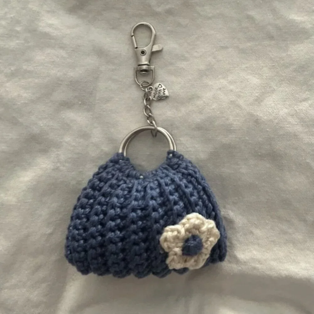 Handmade Crochet Mini Purse Keychain - Denim Blue with White Flower